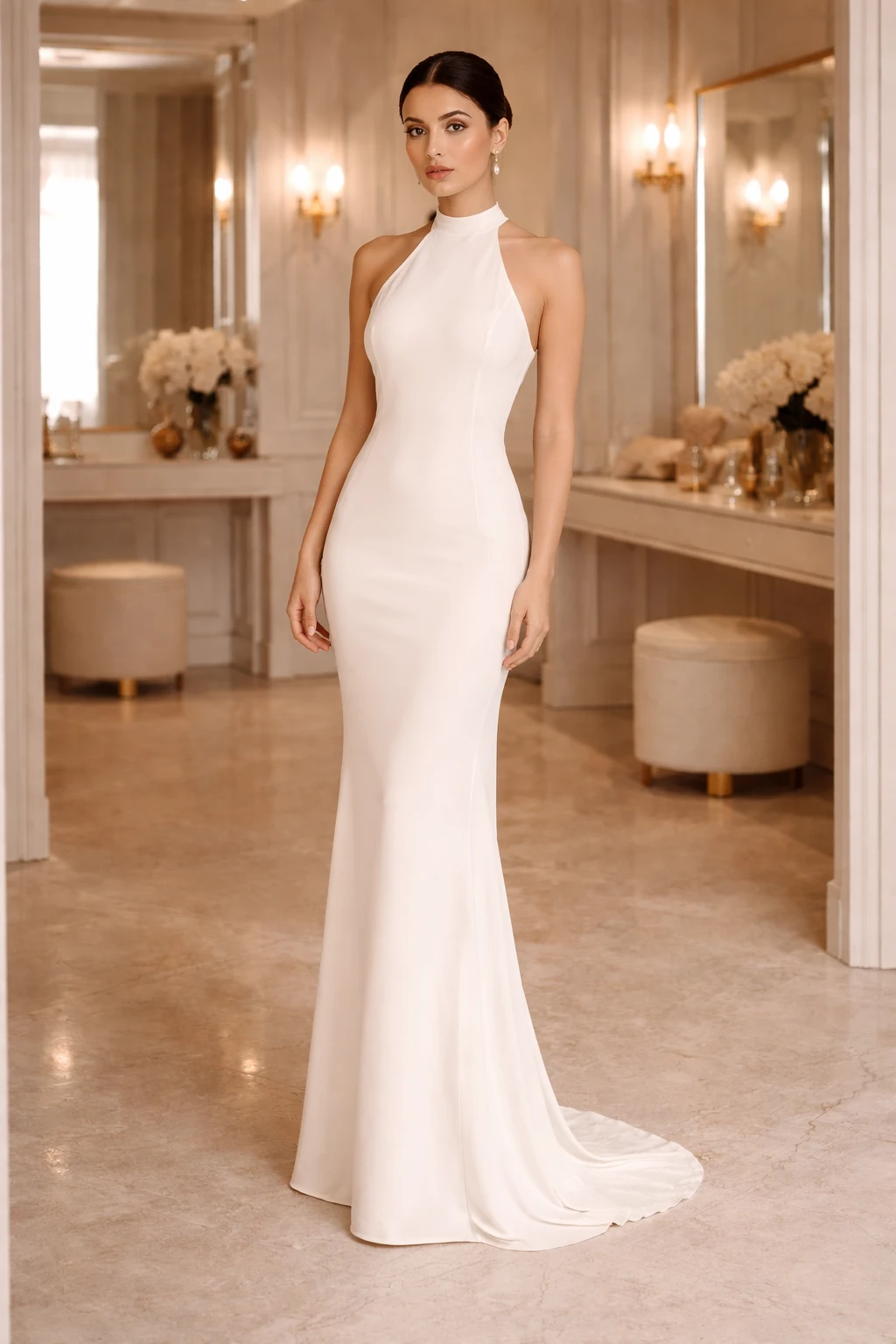 White high neck minimal prom gown with sleeveless design and floor length fit