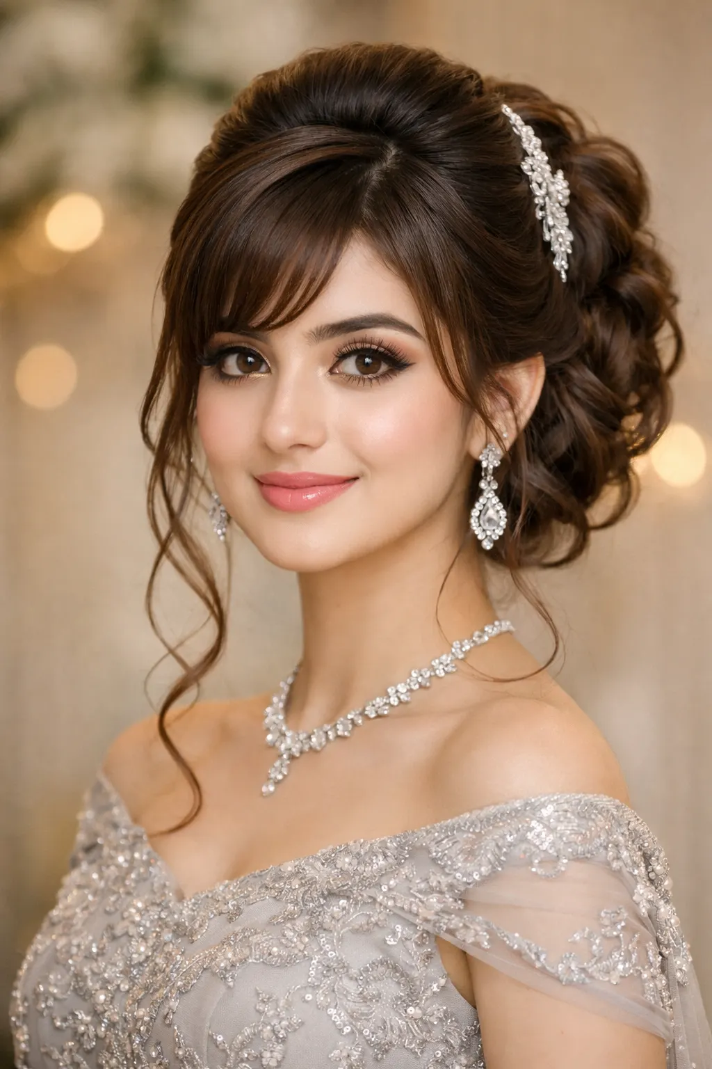 Elegant curly updo prom hairstyle with side bangs and soft face framing strands