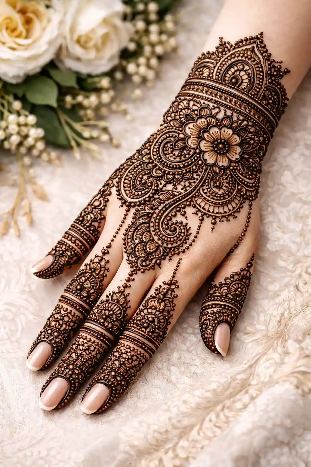 Elegant Pakistani mehndi design for back hands with detailed wrist focus, fine patterns, and traditional style suitable for weddings and festive events