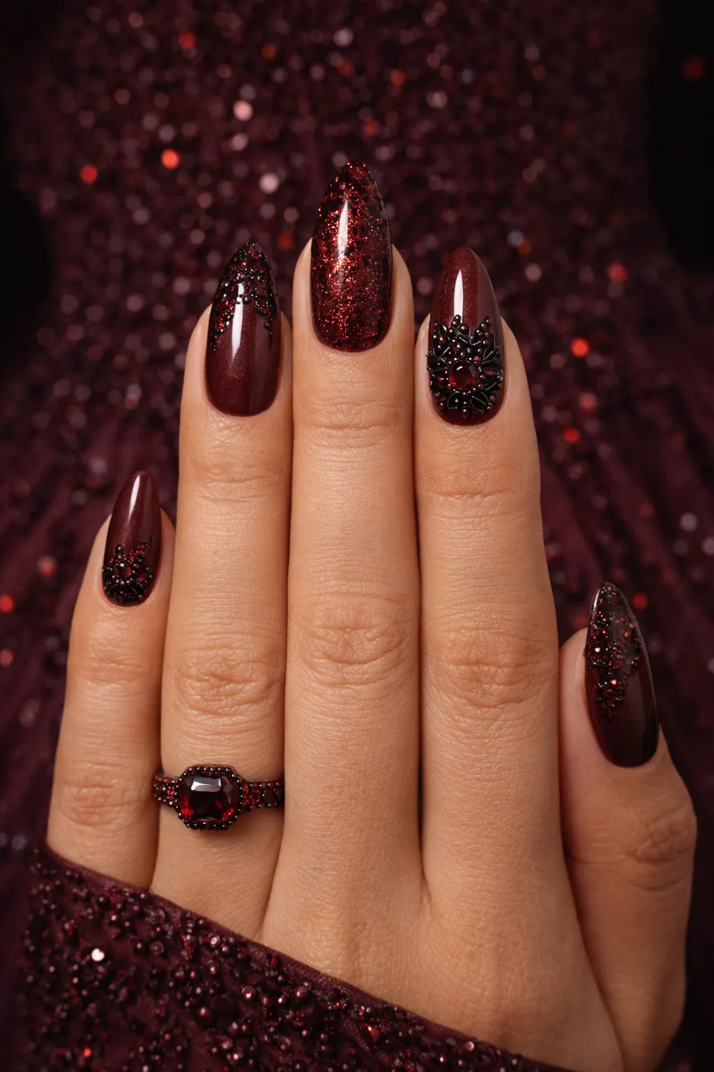 Dark maroon bridal nails with glitter and jewel details for a luxury wedding look