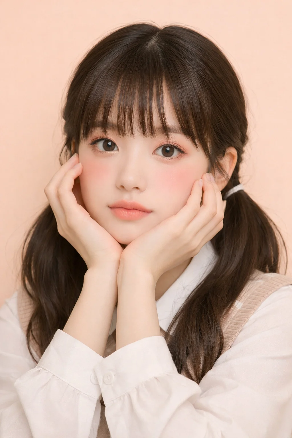 Doll pink dewy makeup with soft blush and smooth glowing skin