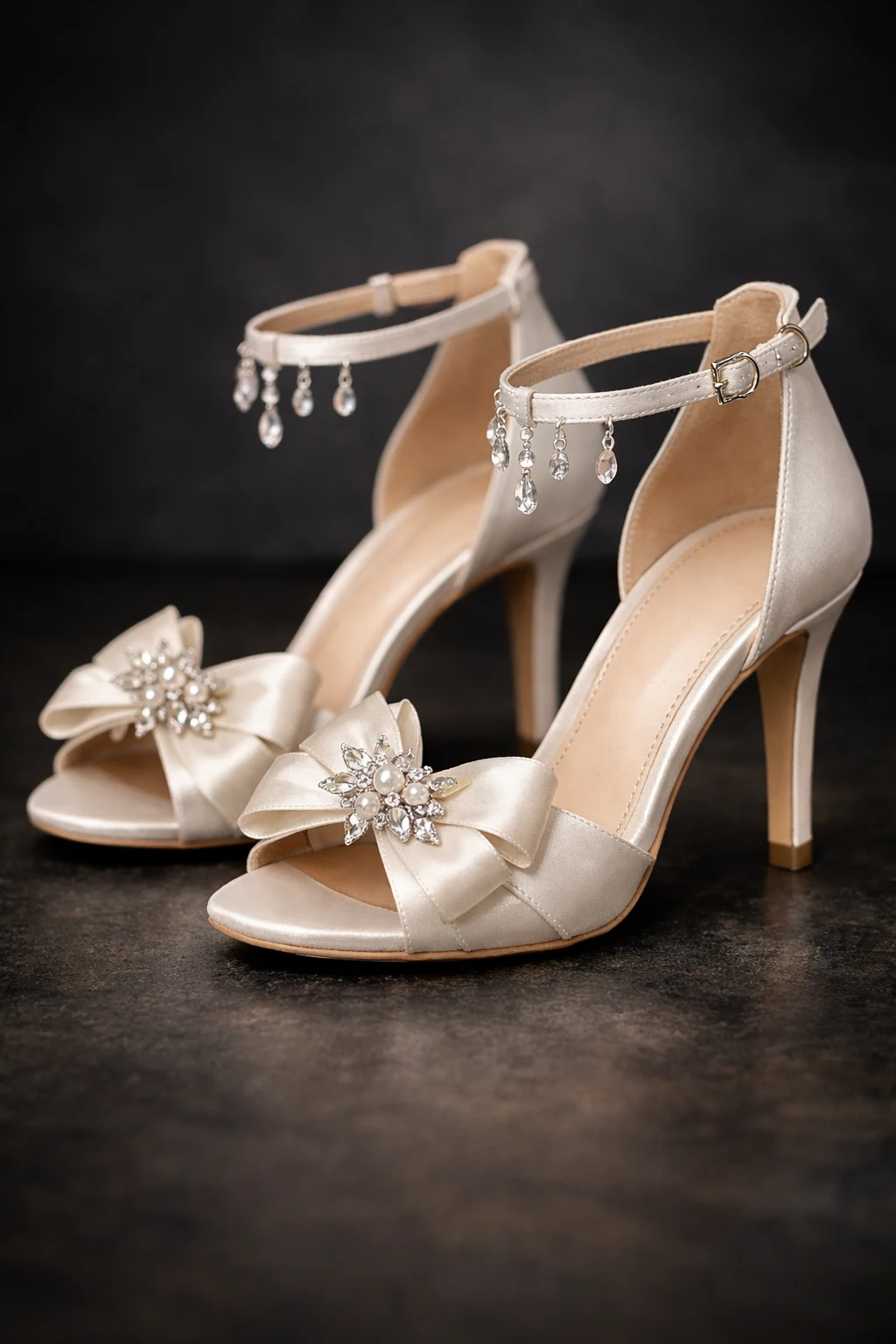 Bow detail bridal heels with ankle strap and slim heel for wedding wear
