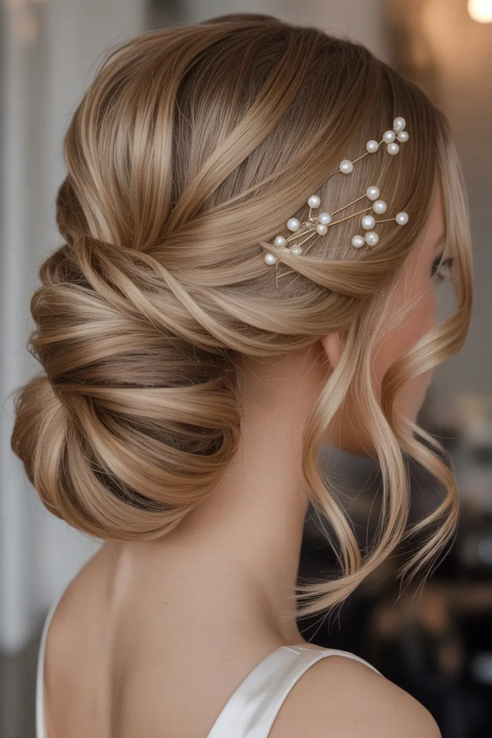 Pearl accent low twisted bun prom hairstyle with smooth texture and elegance
