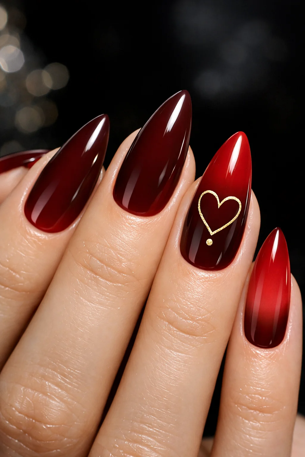 Dark red Valentine nails with gold heart accent on glossy almond nails