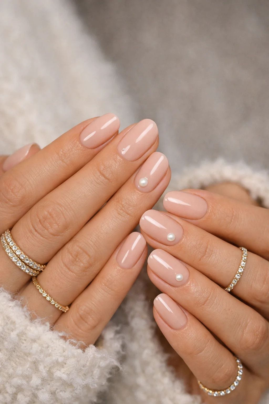 nude winter nails with pearl accents minimal luxury nails elegant winter manicure neutral nail ideas