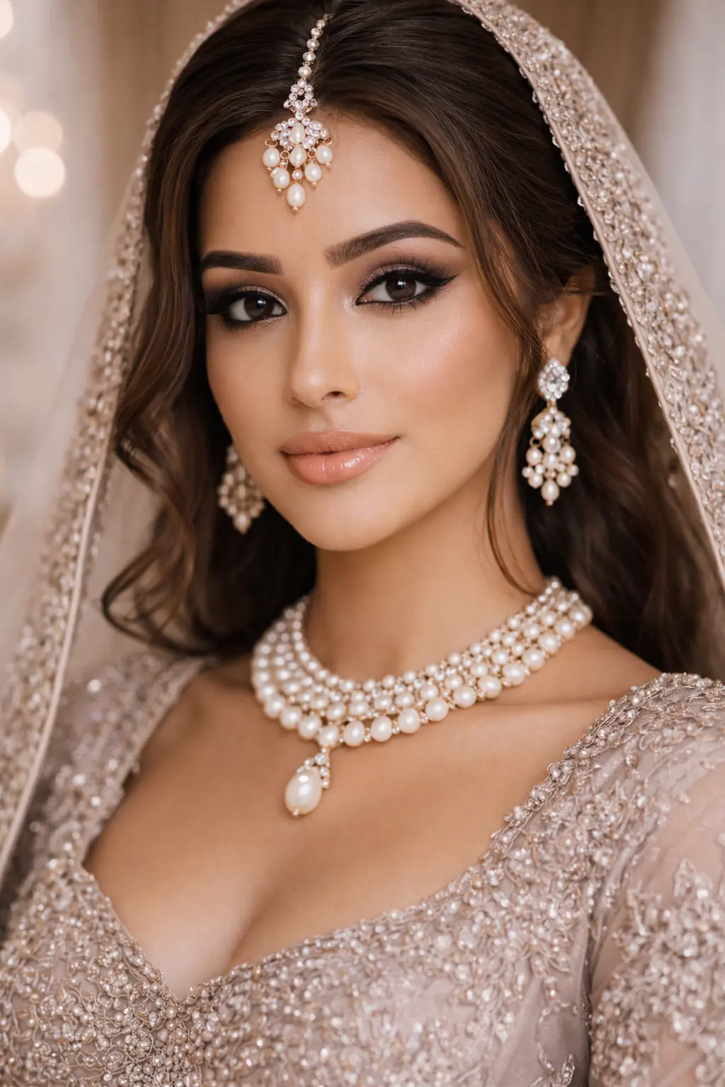 soft smokey bridal makeup pearl finish defined eyes nude lips wedding makeup