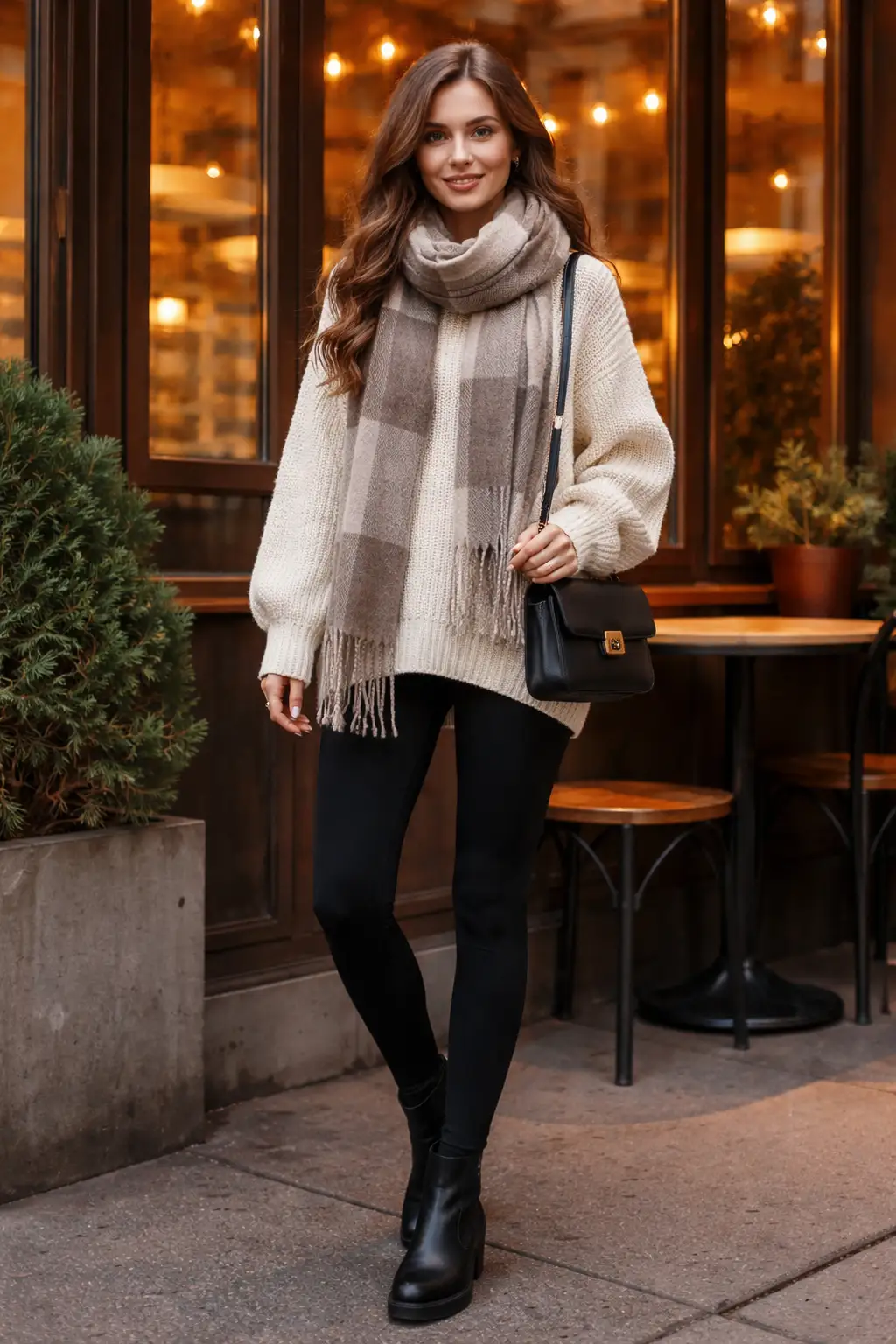 Chunky knit sweater with scarf and leggings casual winter outfit for girls cozy style