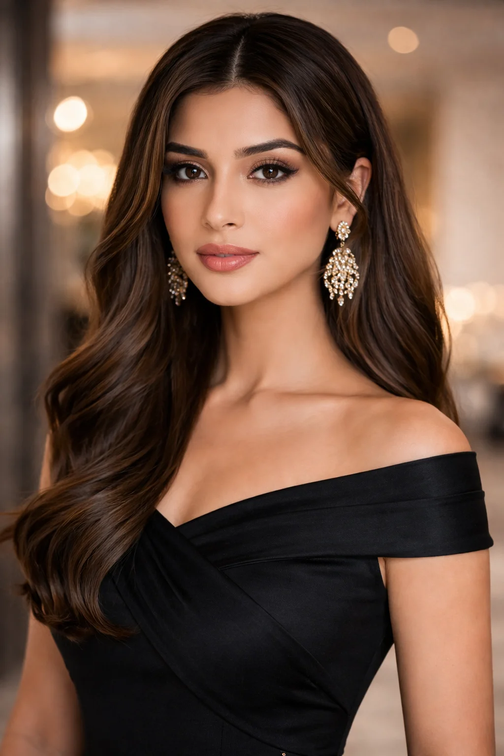 Soft side part open wave hairstyle for girls with long smooth hair styled elegantly for a formal or evening event