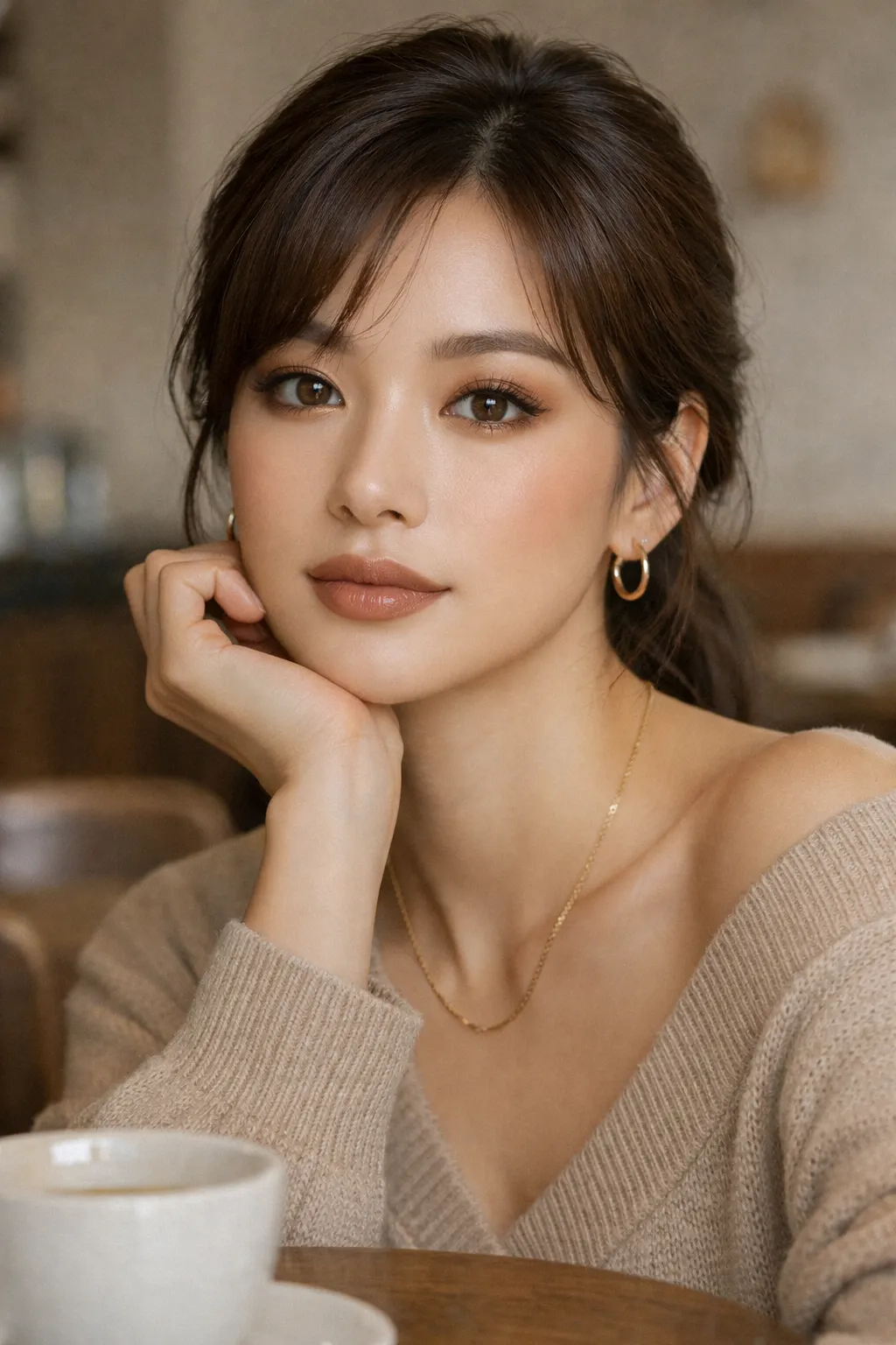 Mocha dewy makeup with warm brown blush and nude lips