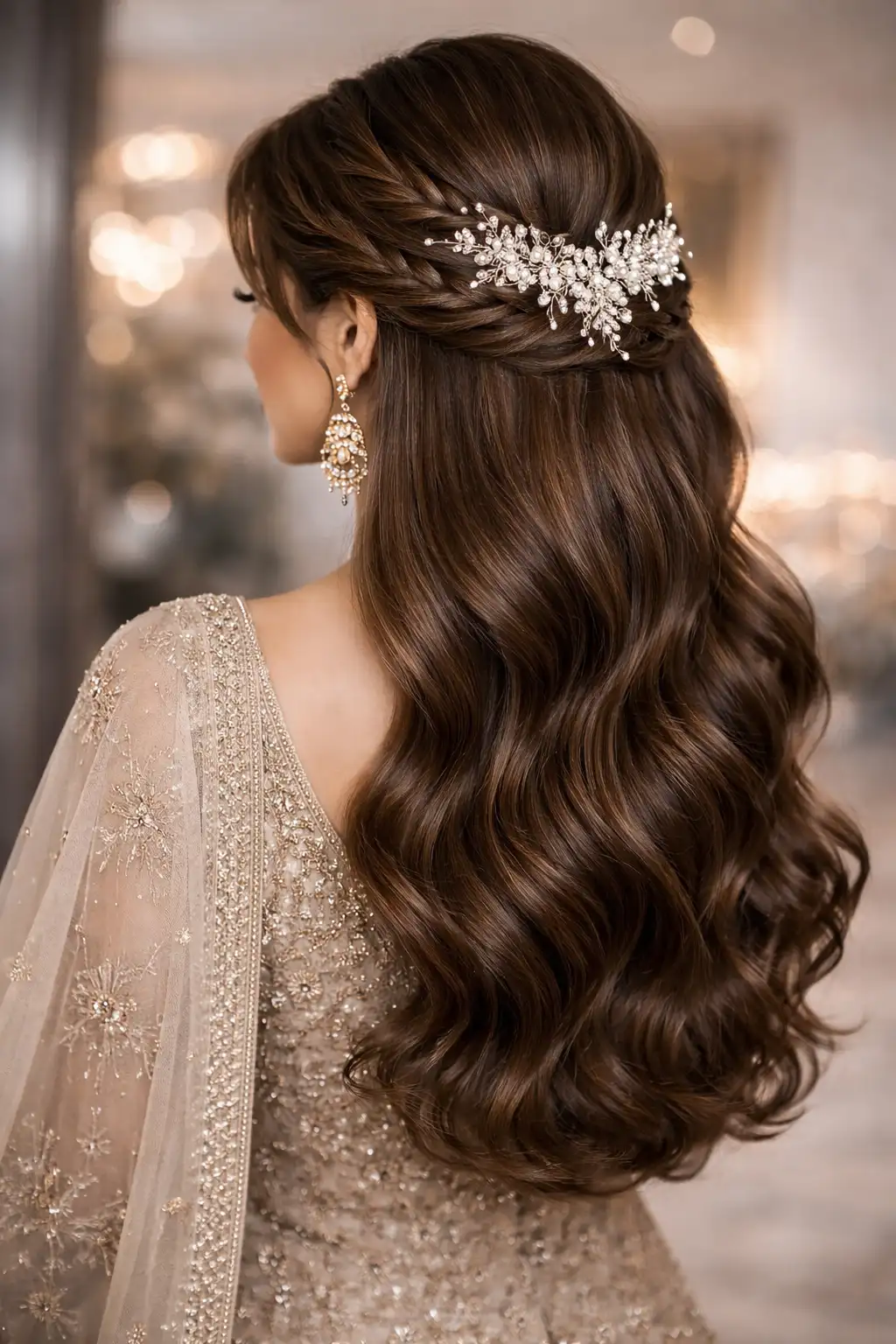 Elegant half up wavy hairstyle with pearl hair accessory for formal events and weddings