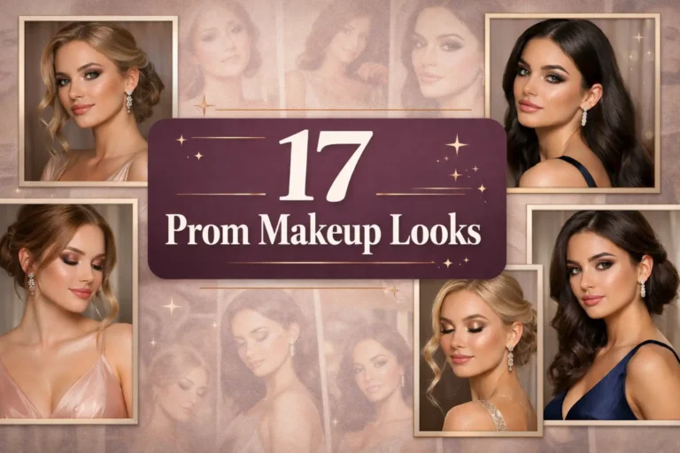 17 prom makeup looks collage showing glam, soft, and elegant makeup styles for prom night
