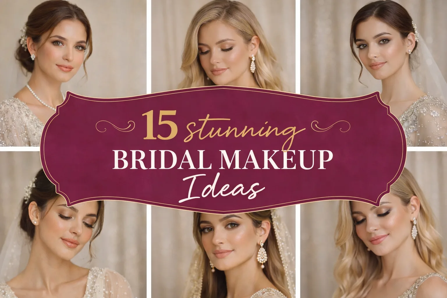 15 stunning bridal makeup ideas collage featuring soft glam bridal looks flawless skin elegant eye makeup modern wedding inspiration