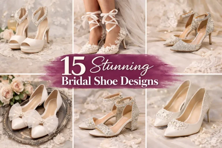 Collage of stunning bridal shoes designs featuring elegant wedding heels with embellishments, bows, ankle straps, and classic bridal styles perfect for modern brides