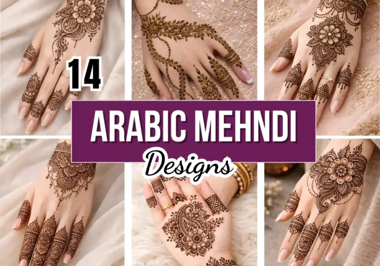 Collage of 14 modern Arabic mehndi designs featuring floral patterns, clean spacing, bold outlines, and elegant finger detailing on fair hands