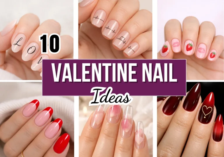 Collage of Valentine nail designs featuring red French tips nude love letter nails heart accents strawberry nail art and elegant romantic Valentine nail styles