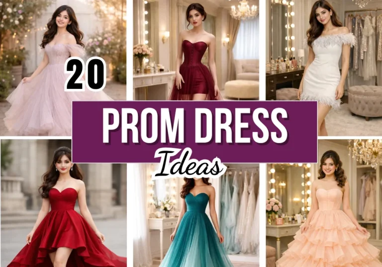 Collage featuring 20 prom dress ideas including elegant long gowns, short modern dresses, pastel and bold colors, styled for a glamorous and trendy prom night look