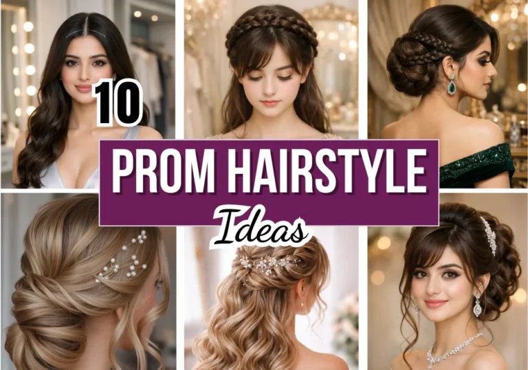 Collage of 10 prom hairstyle ideas featuring braided crowns low buns soft waves and elegant updos styled for a glamorous prom night look