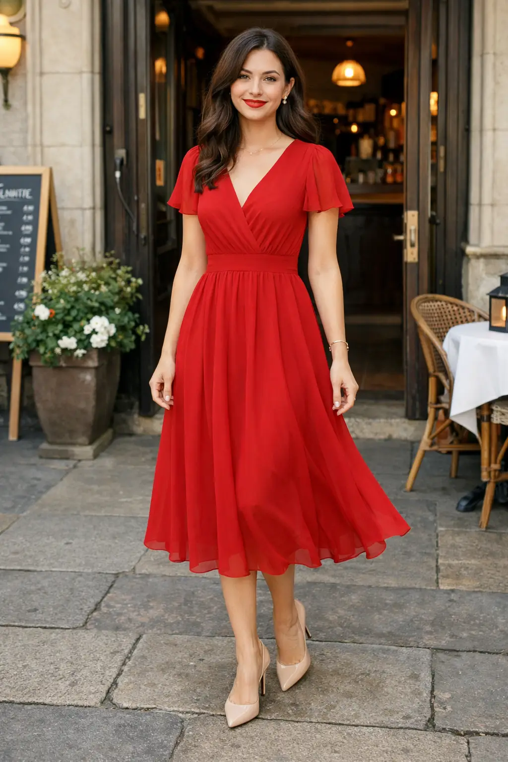 Woman wearing red chiffon wrap midi dress with flutter sleeves for romantic Valentine date night outfit