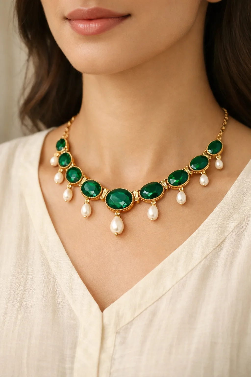 Emerald green stone necklace design with pearl drop detailing in gold setting for wedding and festive wear