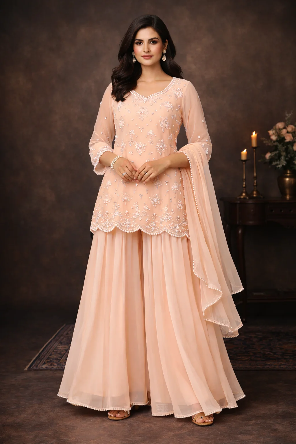 Peach embroidered net sharara set with scalloped hem and flowy dupatta