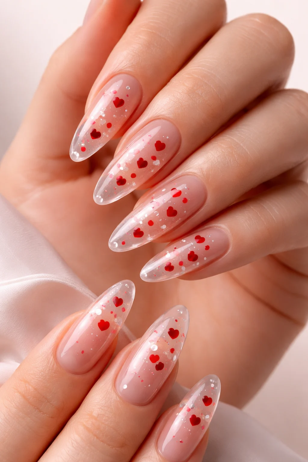 Sheer pink blooming gel nail art with red heart design glossy transparent romantic manicure