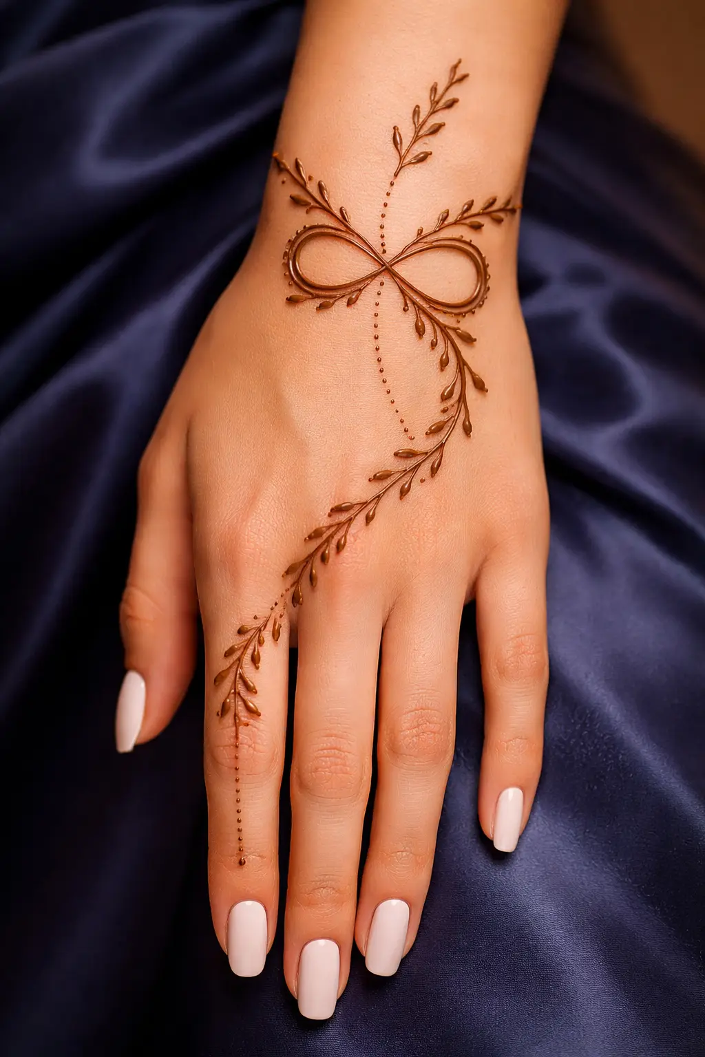 Simple floral back hand mehndi design with leafy vine and minimal finger bands for girls