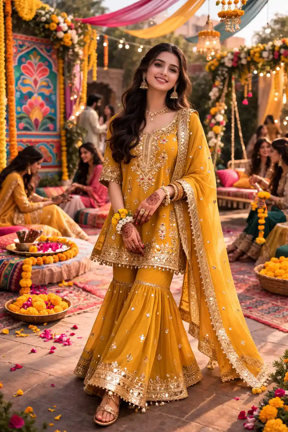 Mustard yellow bridal mehndi dress gharara outfit with embroidered kurta for Pakistani bride