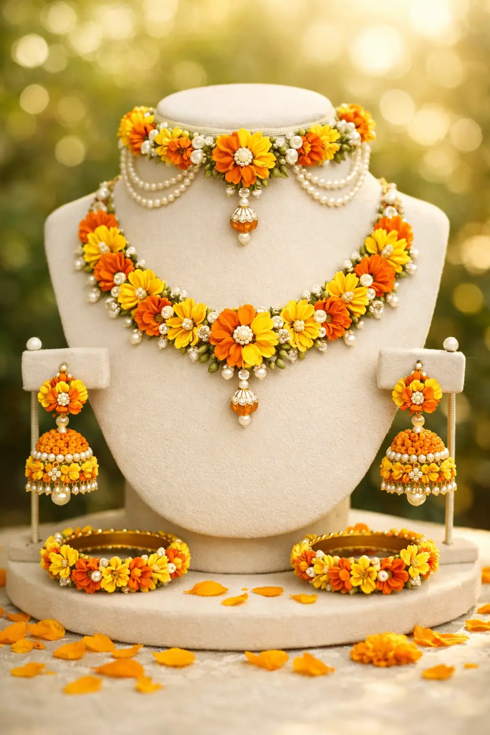 Bright marigold floral bridal mehndi jewelry set with pearl drops displayed on elegant jewelry stand