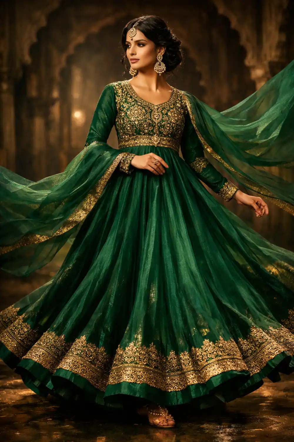 Emerald green royal Anarkali Eid dress for women with intricate gold embroidery, full length Pakistani festive outfit, flowing traditional Anarkali suit for elegant Eid look