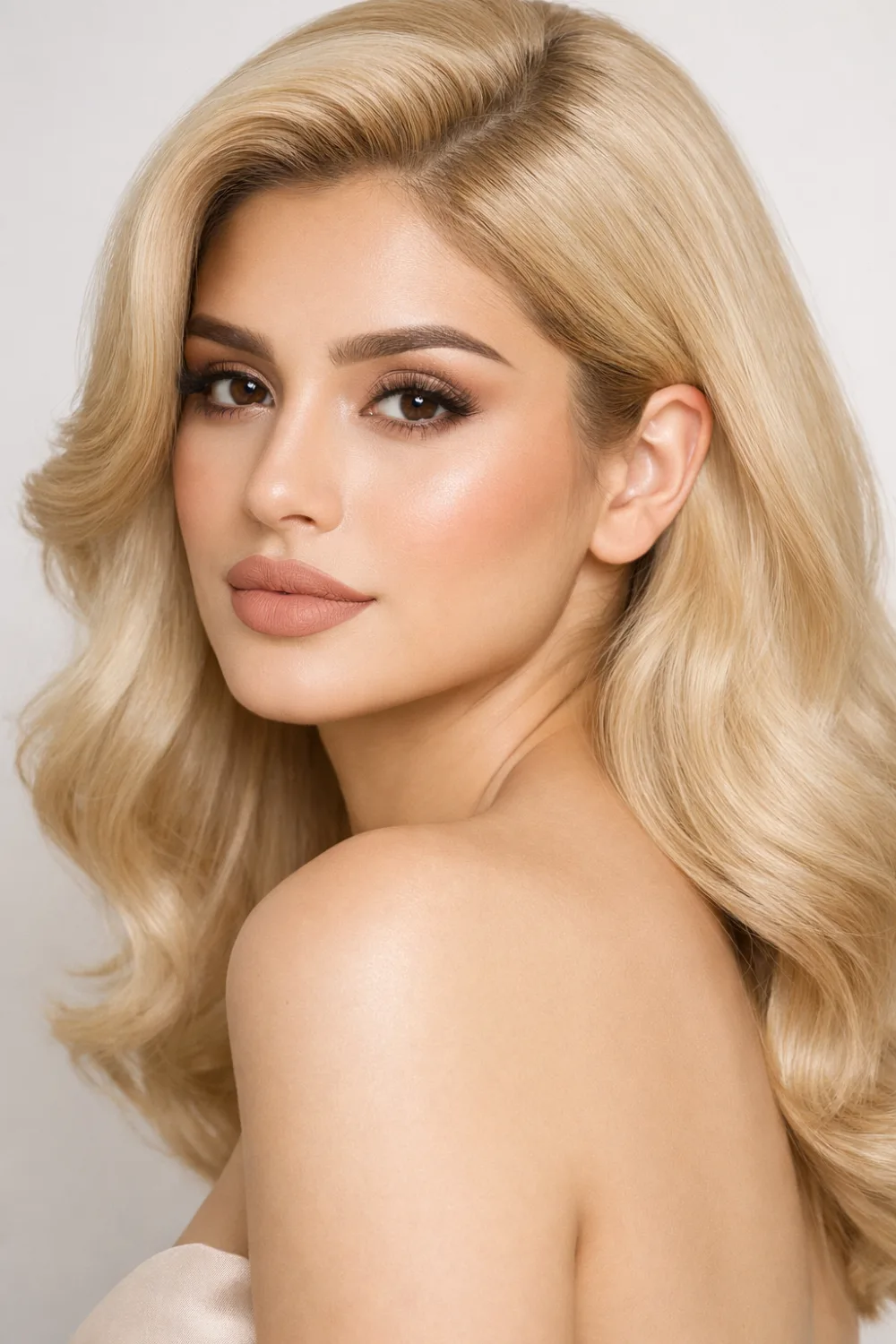 buttercream blonde hair color soft glam Pakistani model long smooth waves natural shine