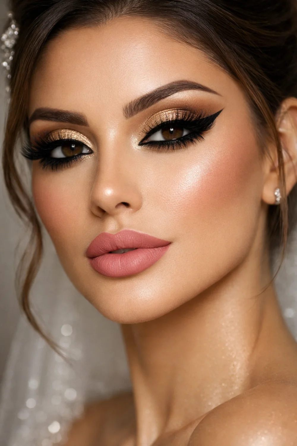 Gold full glam makeup look with intense dramatic false lashes, metallic gold eyeshadow, sharp winged eyeliner, sculpted matte base, highlighted cheekbones, and glossy nude lips for bridal and wedding glam inspiration