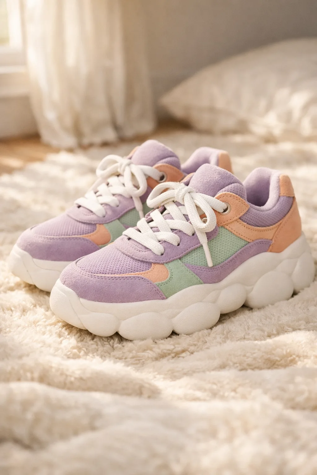 pastel chunky girls sneakers with lavender mint peach color block design on soft carpet cozy aesthetic look
