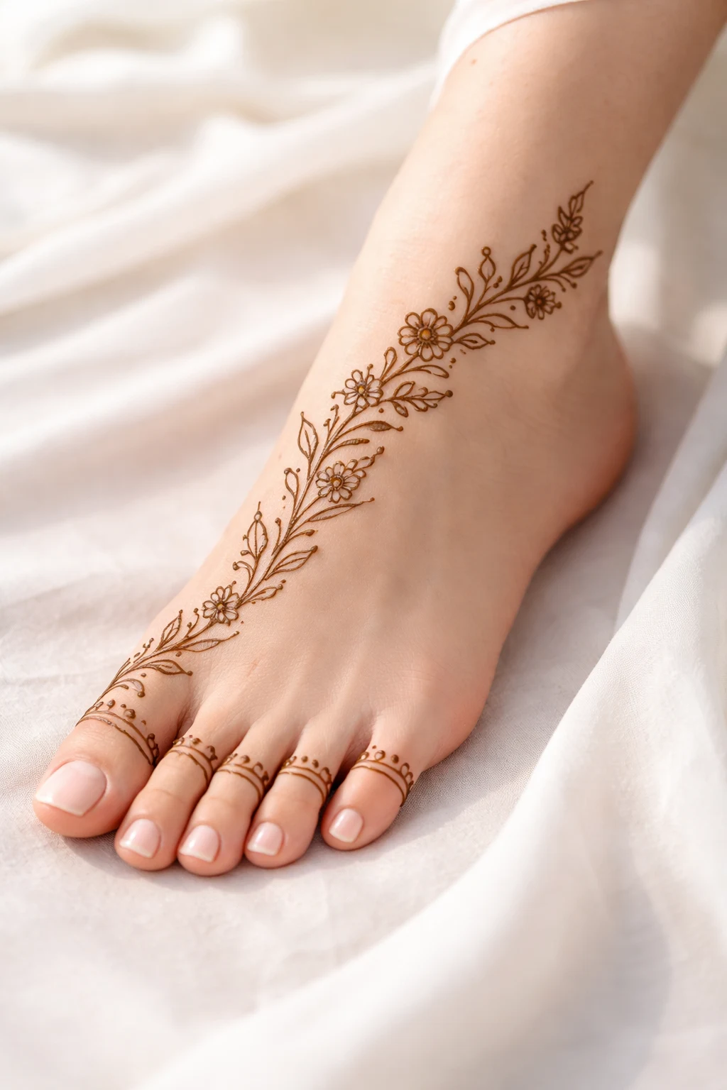 Minimal floral vine foot mehndi design with thin lines and open space