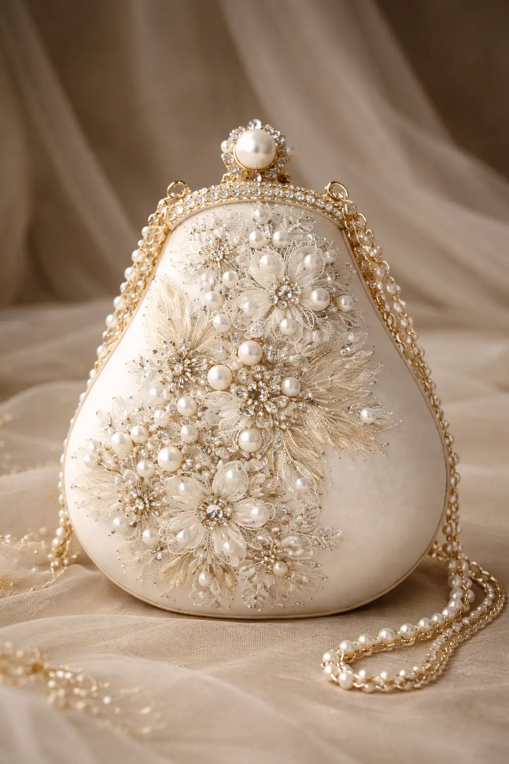 Ivory pearl floral bridal clutch with satin base, gold frame, and delicate hand embellished flowers for an elegant wedding look