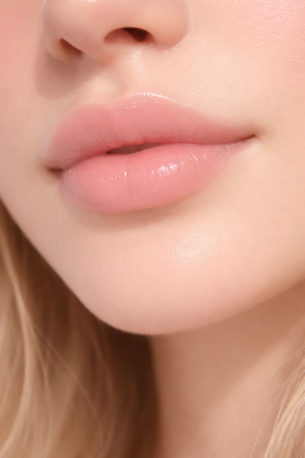 sheer baby pink nude lipstick on fair skin with glossy natural finish and soft everyday makeup look