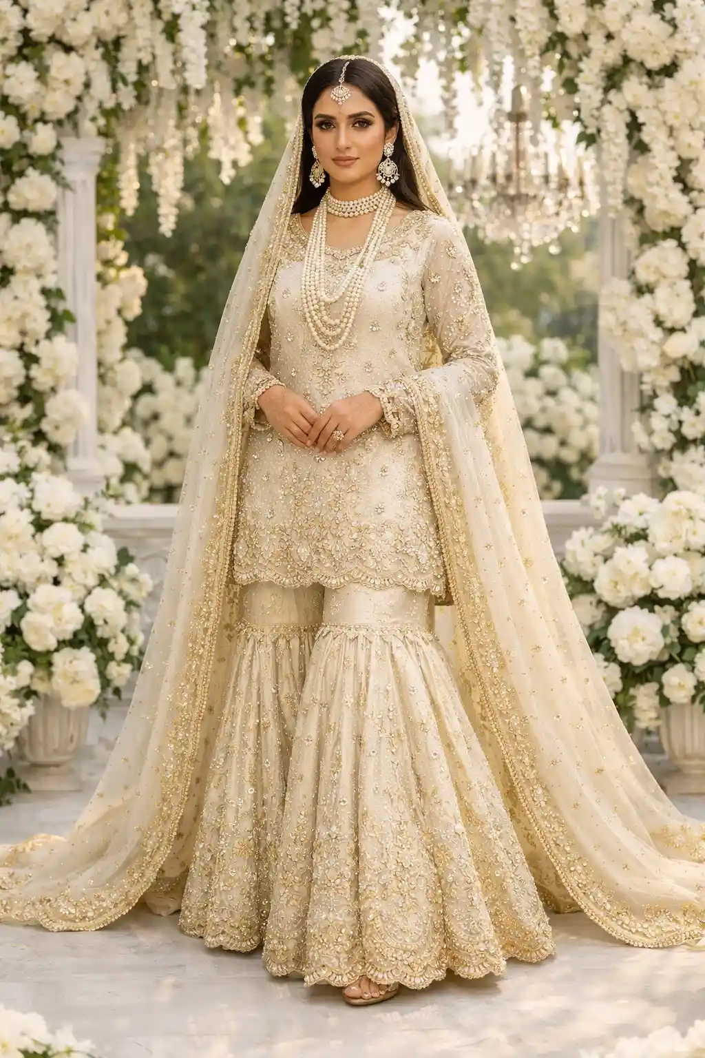 champagne gold Pakistani bridal gharara lehenga with pearl jewelry heavy embroidery daytime garden wedding
