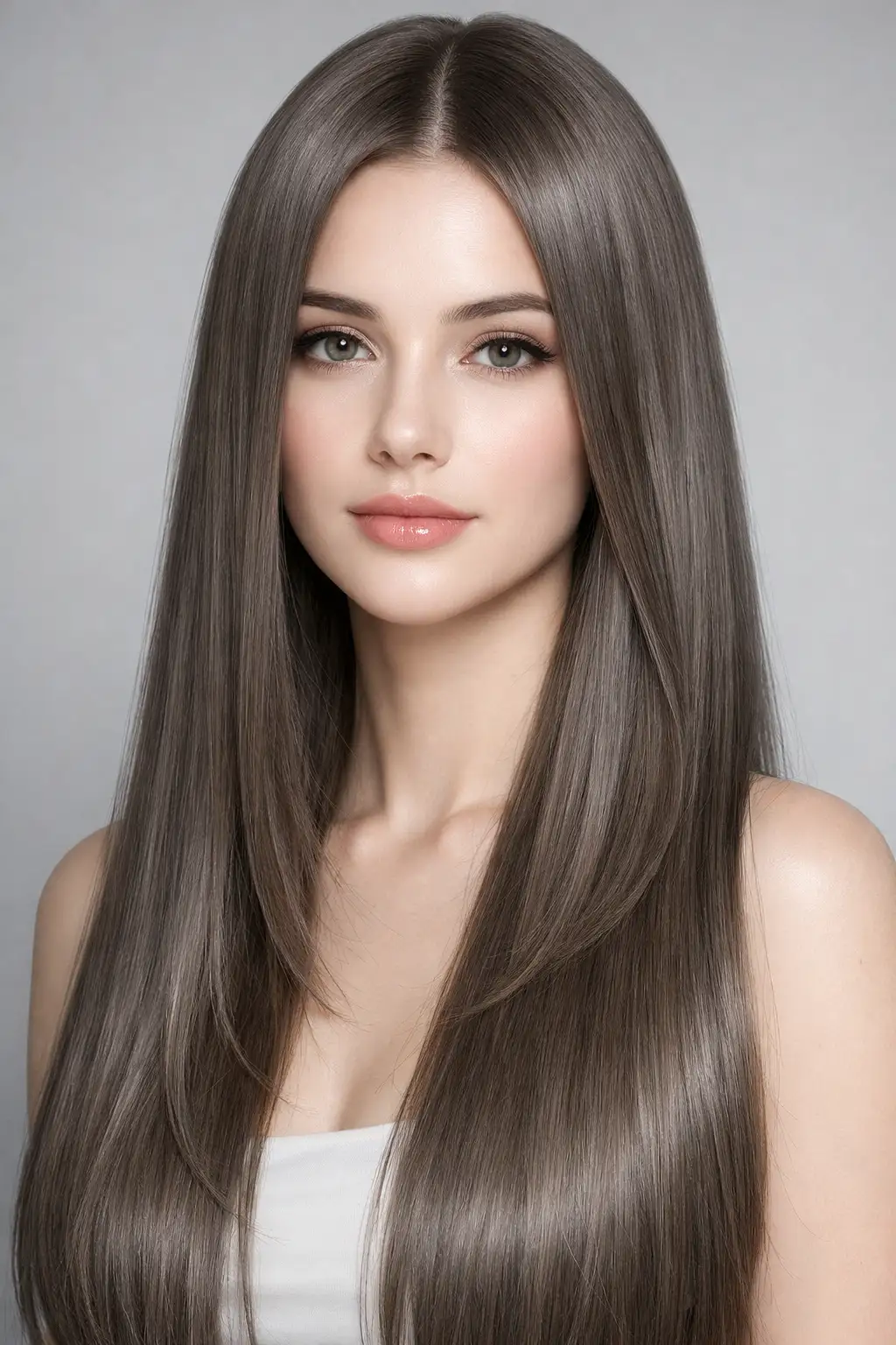Ash brown straight long hair color with cool toned smoky finish on fair skin sleek glossy salon style