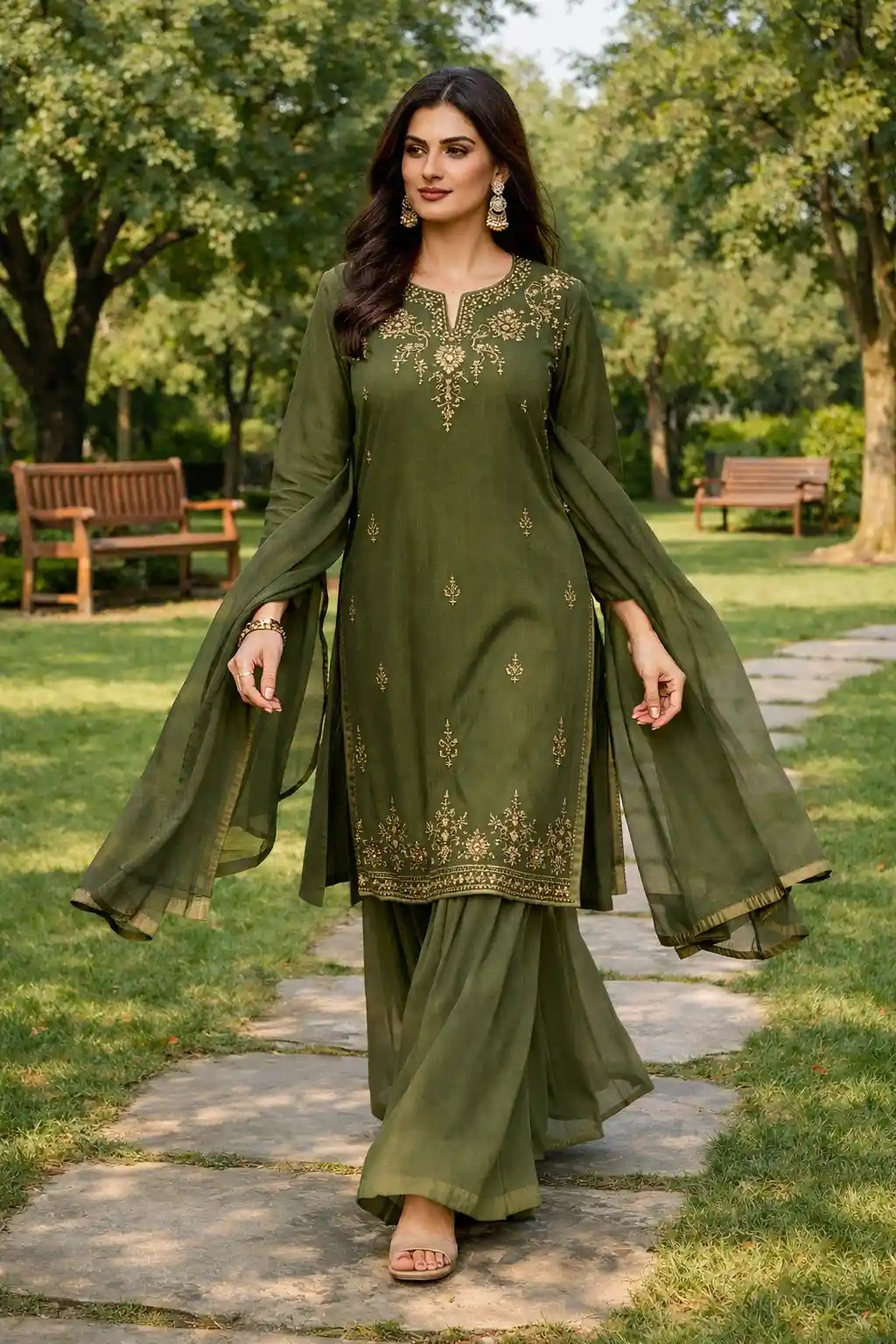 Olive green embroidered sharara set with flowy dupatta