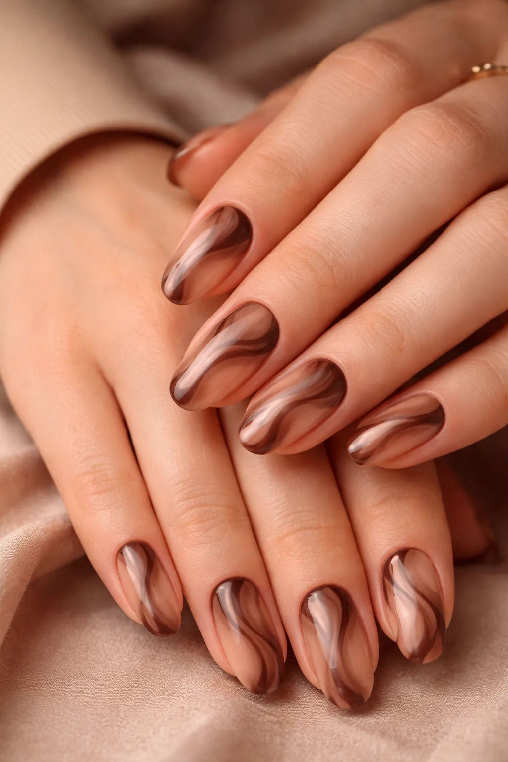 Chocolate brown swirl blooming gel nail art glossy neutral manicure design