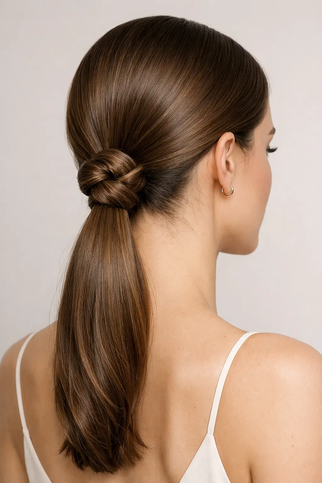 Sleek knotted low ponytail hairstyle on medium hair for modern elegant look