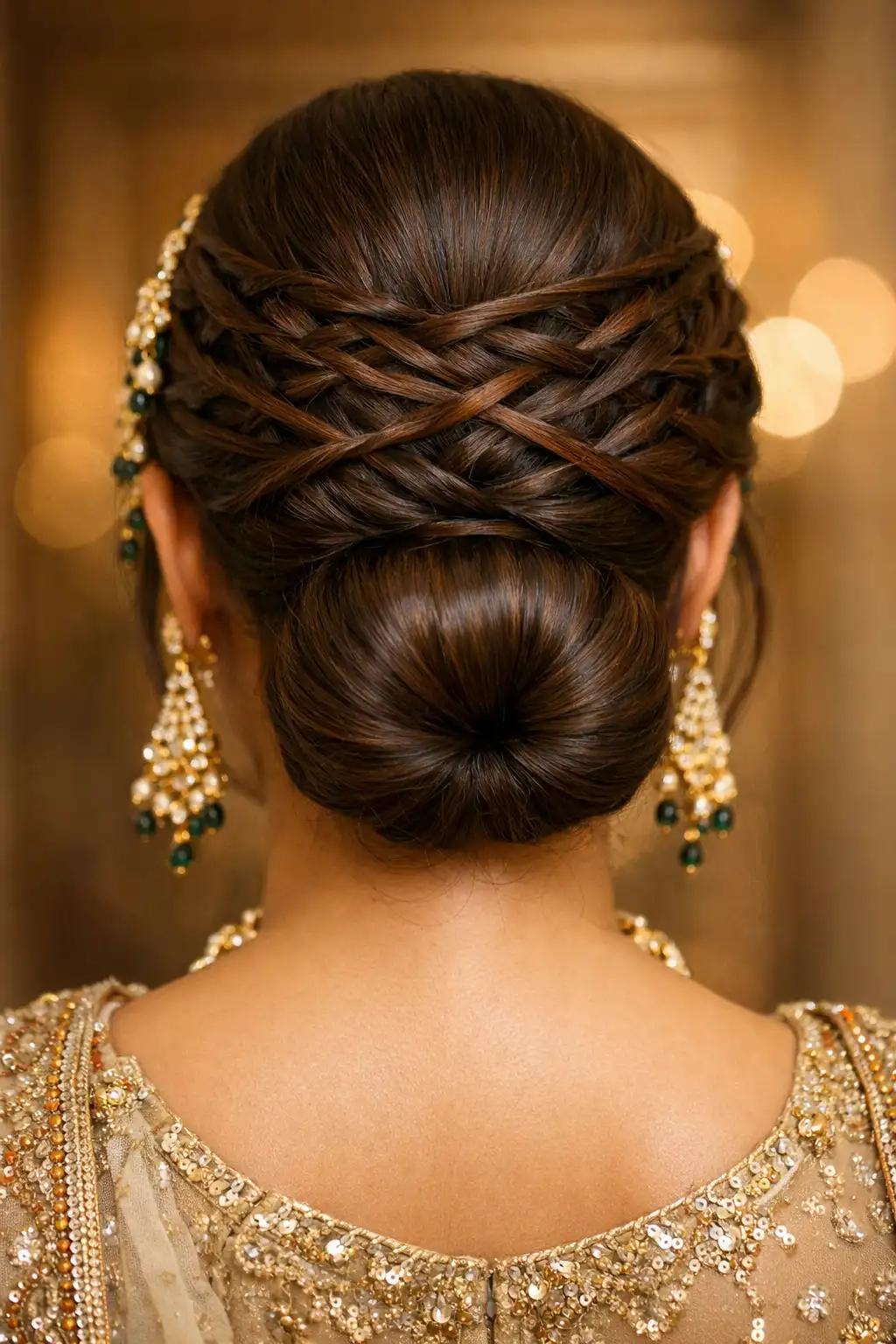 Bridal hairstyle featuring criss-cross braids layered at the back leading into a smooth rounded low bun, sleek crown and detailed weaving