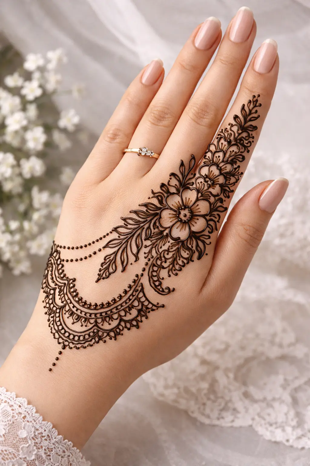 Floral trail back hand mehndi design with decorative wrist bracelet pattern