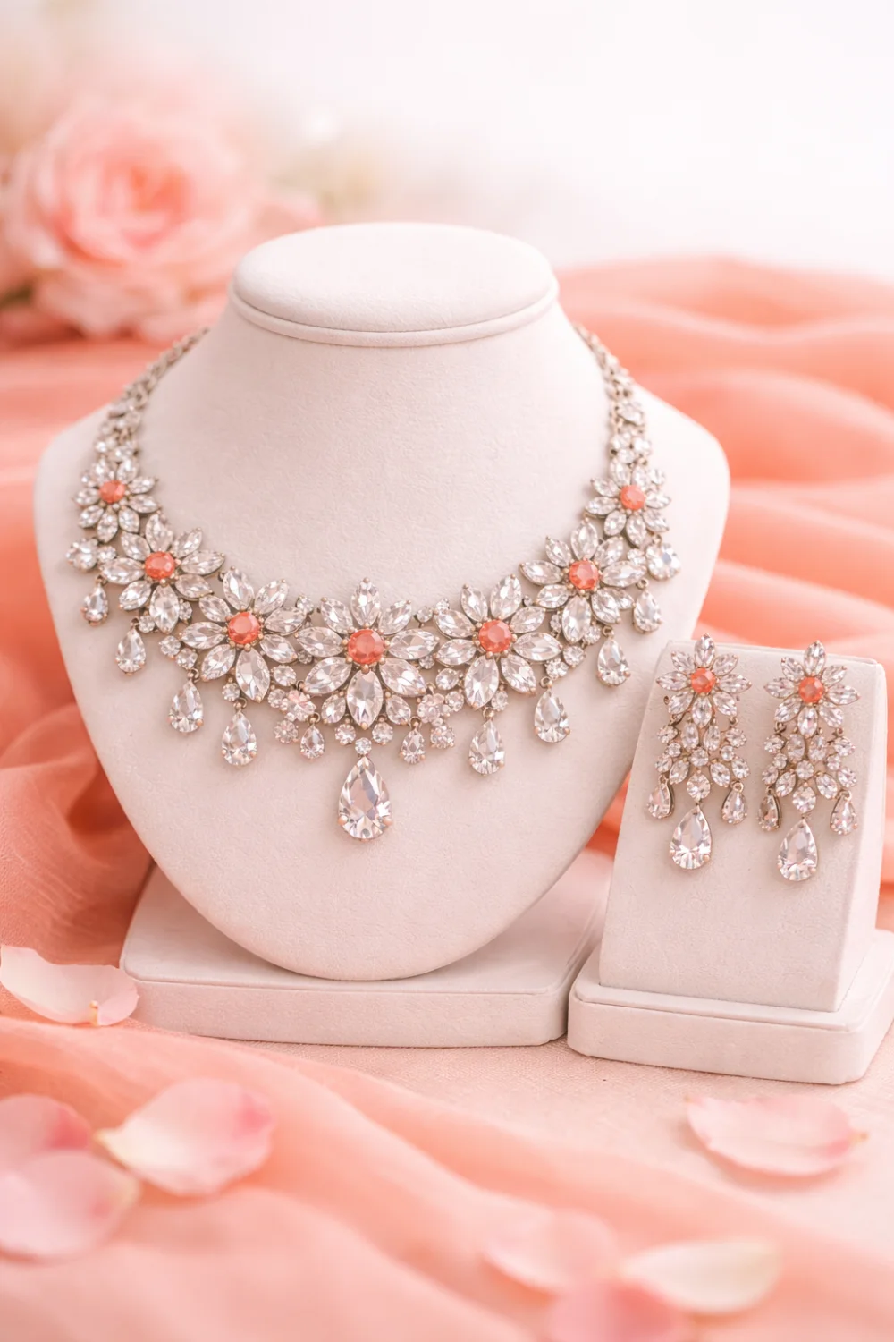 Peach crystal floral bridal mehndi jewelry set with matching earrings on soft backdrop