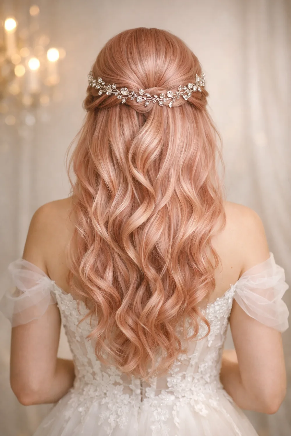 pearl vine half up half down wedding hairstyle with soft curls
