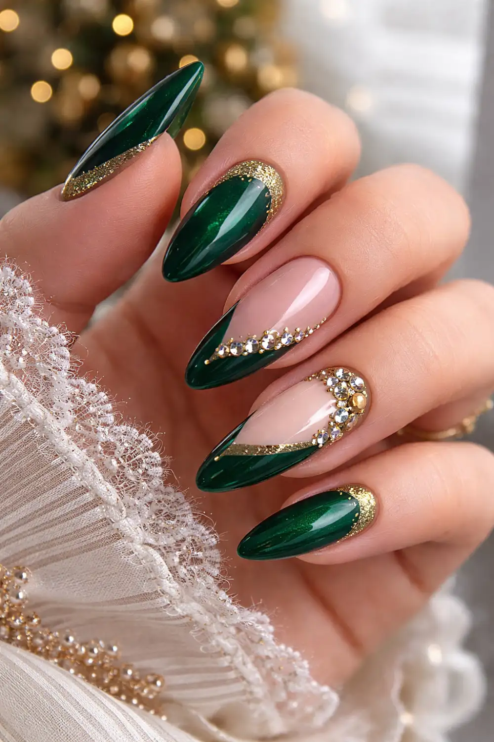 emerald french crystal gel nails for eid, dark green tip manicure with rhinestone detail, glamorous pakistani nails