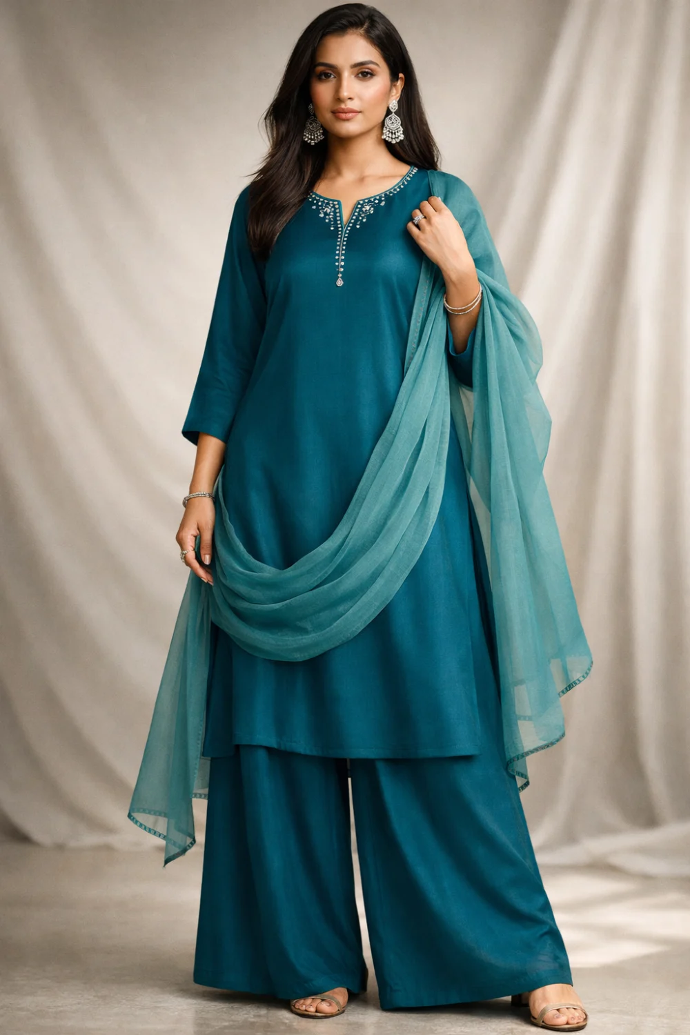 Teal blue contemporary Eid suit with wide trousers and soft dupatta, modern Pakistani outfit for women