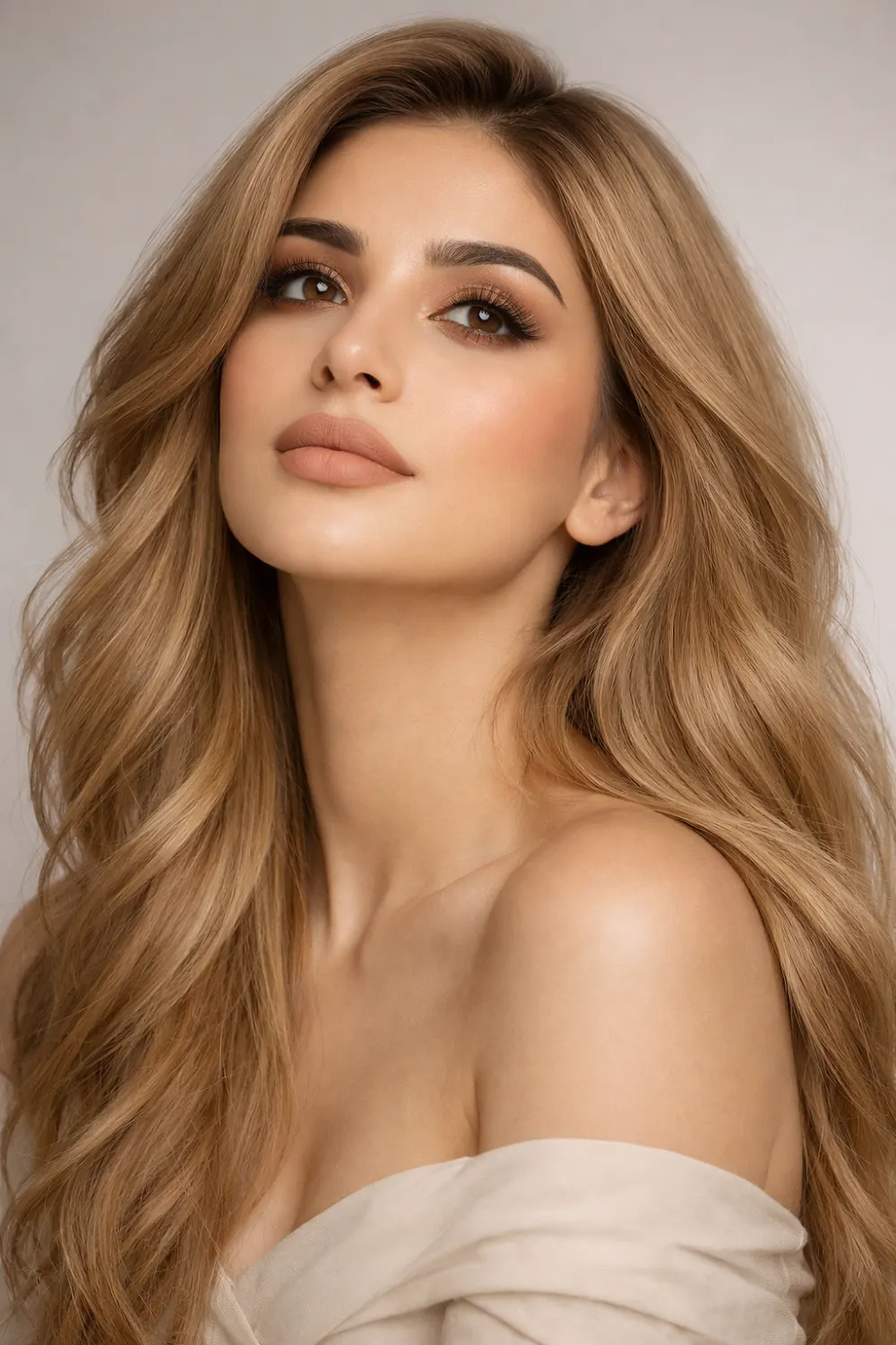 honey beige blonde hair color soft dimensional Pakistani model long waves