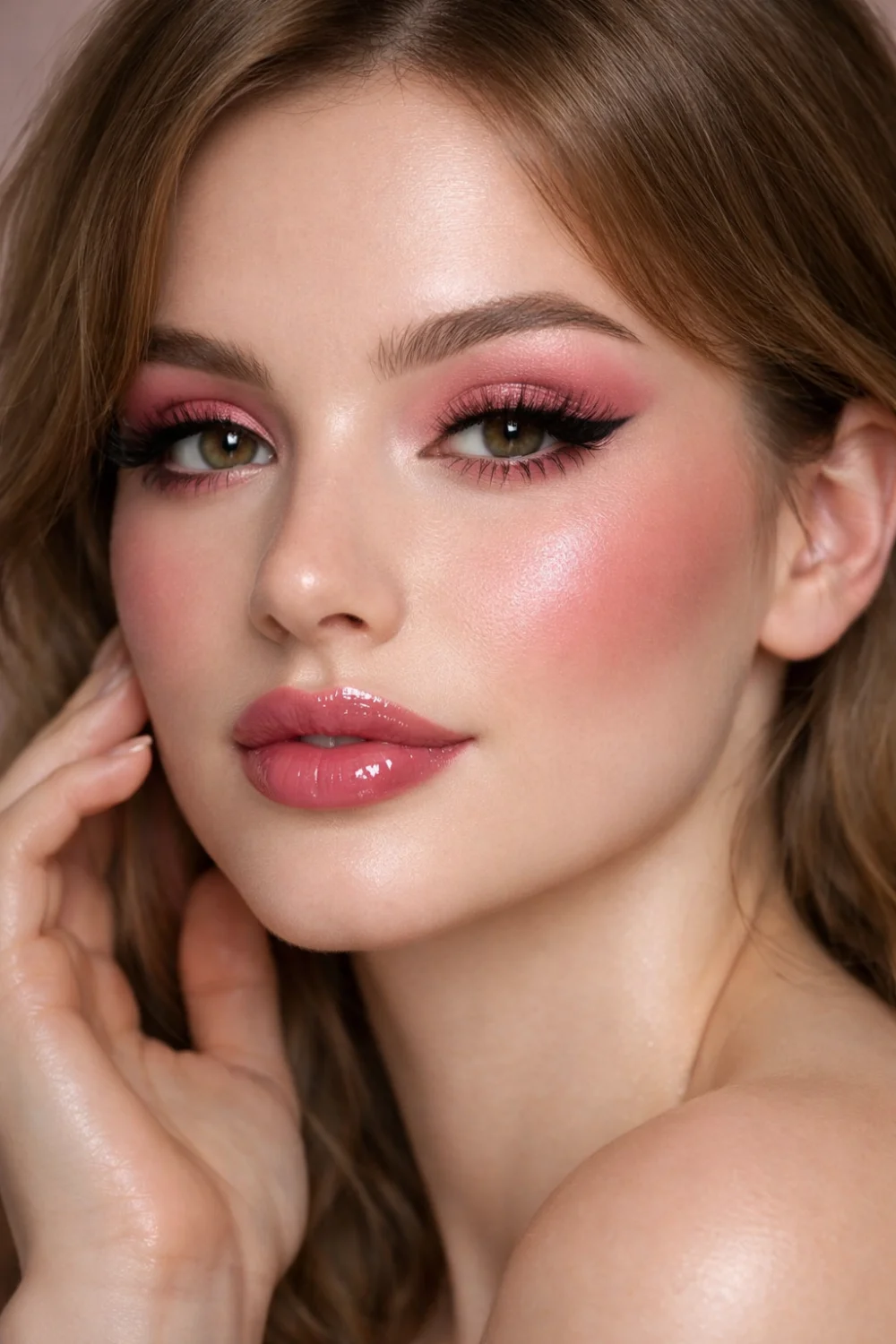 Rosy pink full glam makeup look with soft pink eyeshadow, dramatic lashes, clean winged liner, smooth matte skin, rosy blush, and glossy pink lips