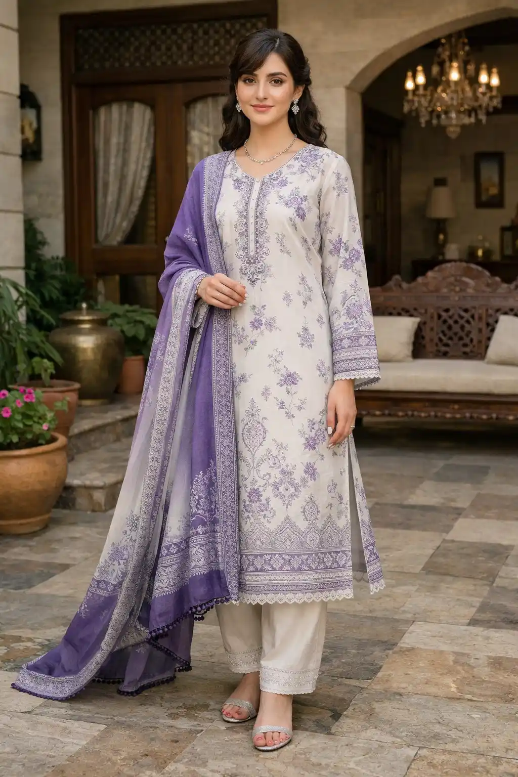 Soft grey lavender printed suit with purple dupatta elegant evening Eid outfit for girls