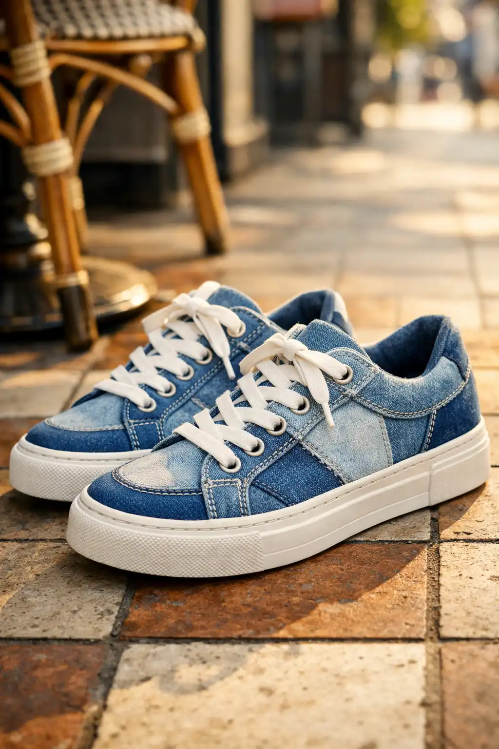 blue denim patchwork girls sneakers lace up casual street style fashion shoes outdoor cafe aesthetic